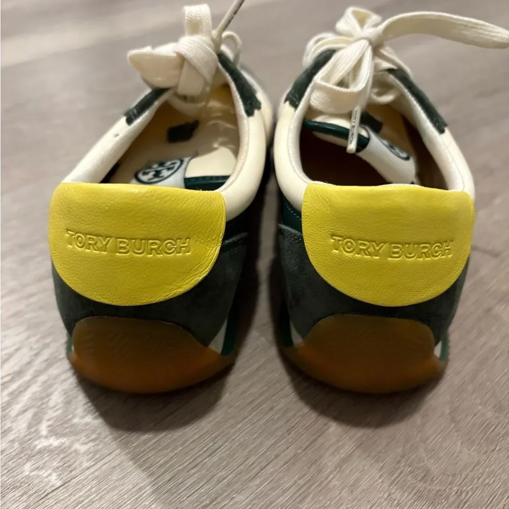 Tory Burch Green and Cream Retro Sneakers with Suede and Mesh